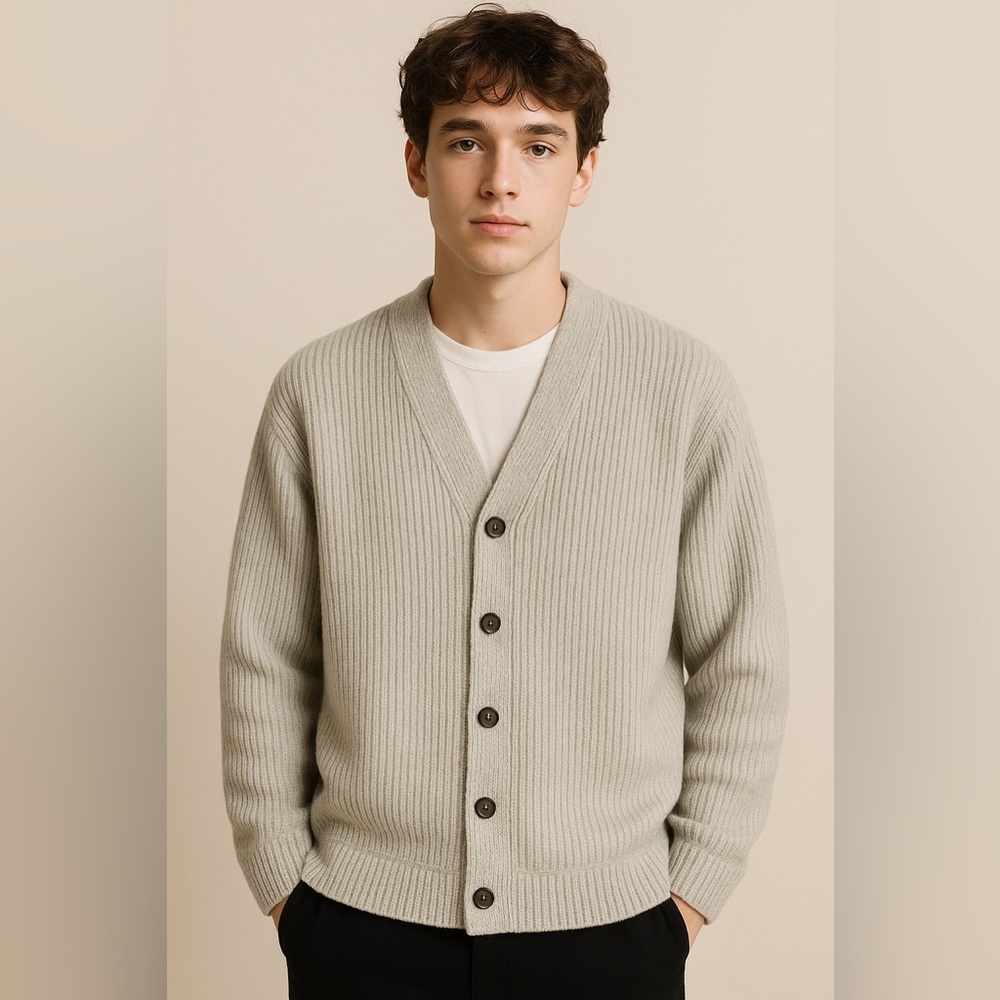 Vintage Wool Men's L Gray Ribbed Grandpa Cardigan Sweater V-neck Buttons Retro